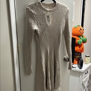 Hollister Cream Long Sleeve Ribbed Dress